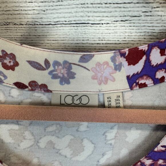 Logo Lori Goldstein Plus Size Purple Floral Leopard Patchwork Top Size 2X - Picture 4 of 7